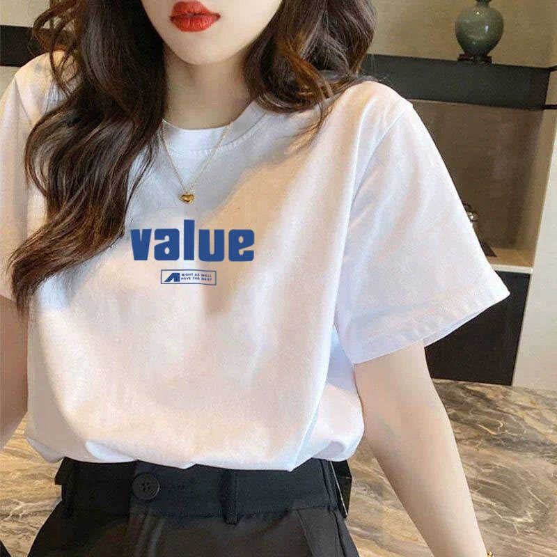 夏新 女子綿100% Tシャツ 大きいサイズ ルーズ 痩せ効果 白 インスタ流行