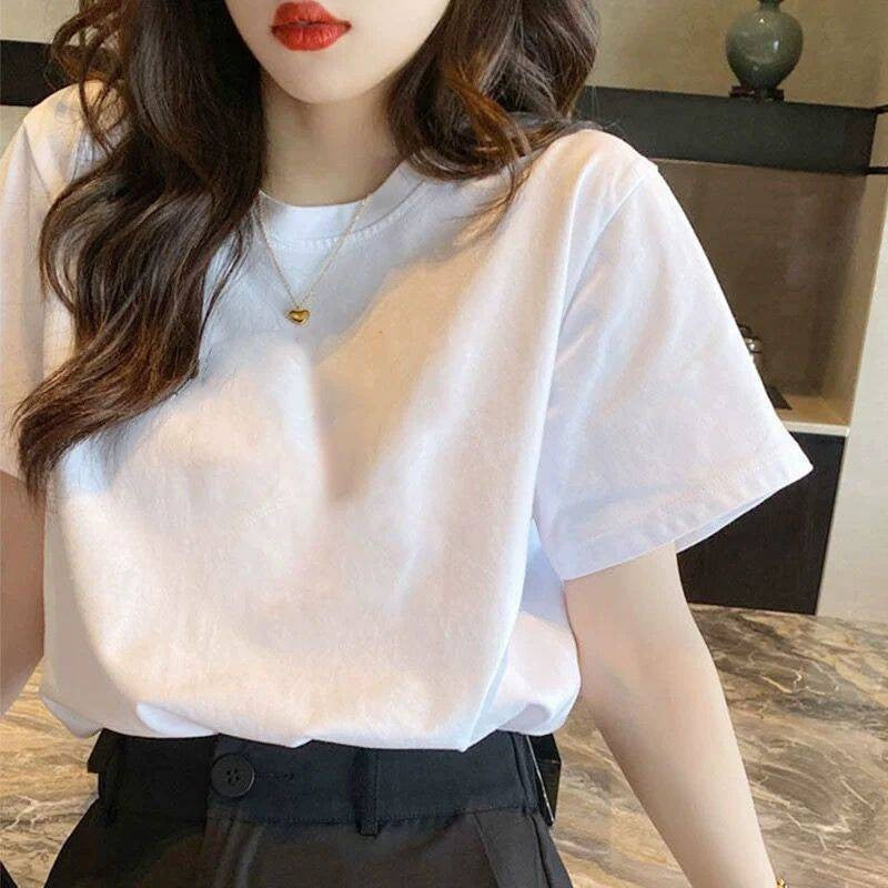 夏新 女子綿100% Tシャツ 大きいサイズ ルーズ 痩せ効果 白 インスタ流行