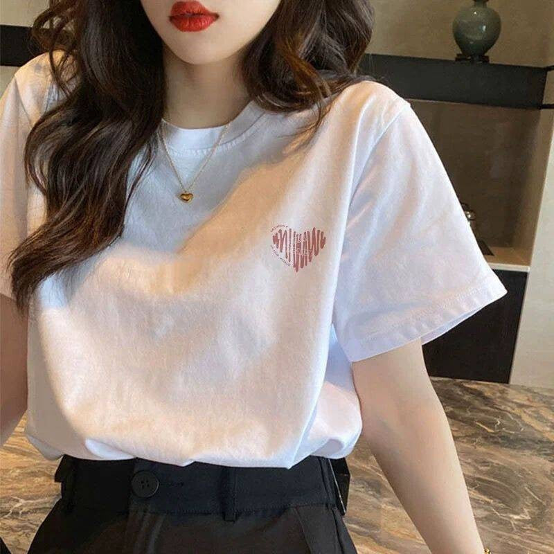 夏新 女子綿100% Tシャツ 大きいサイズ ルーズ 痩せ効果 白 インスタ流行