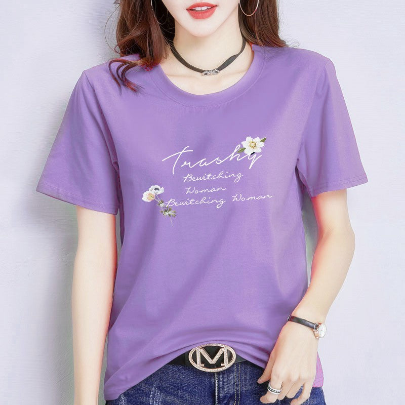 円領プリントTシャツ 女性用 リラックス 即納