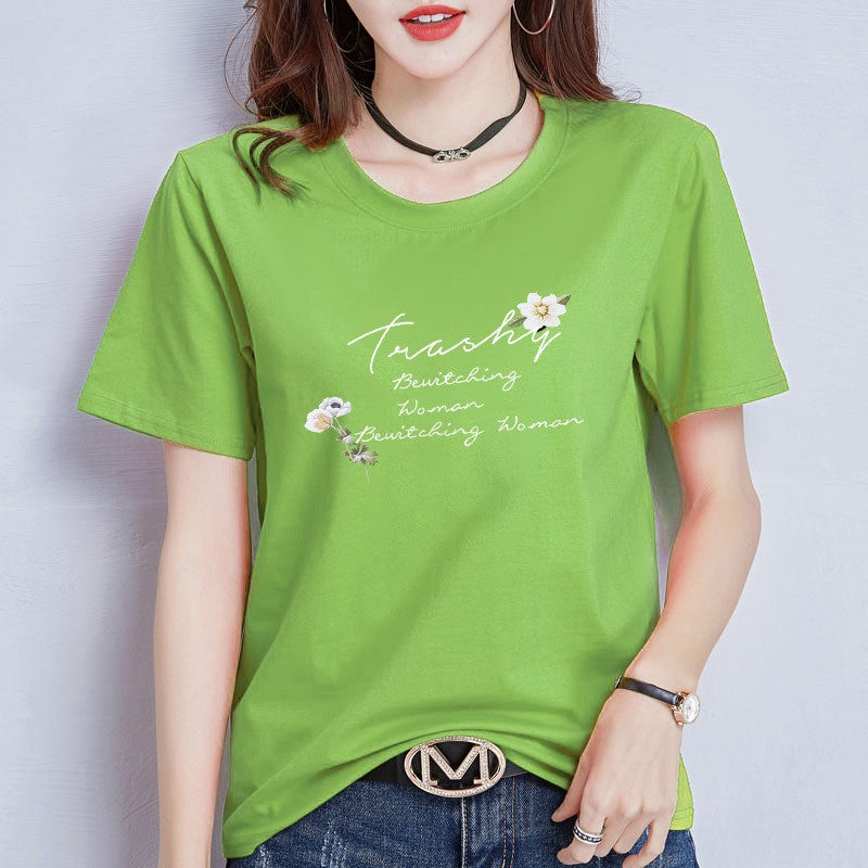 円領プリントTシャツ 女性用 リラックス 即納