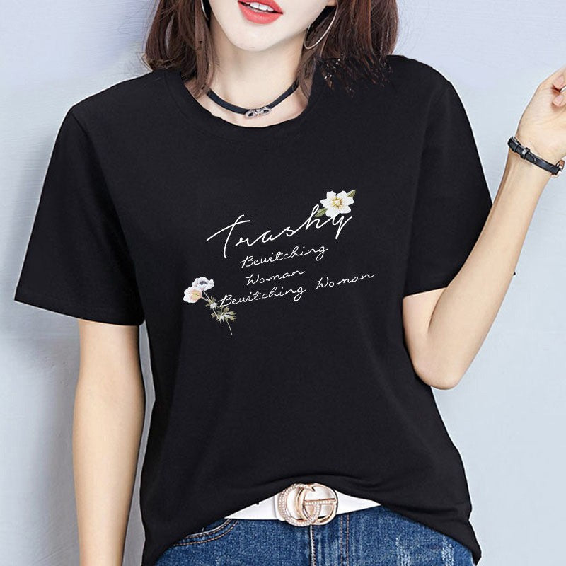 円領プリントTシャツ 女性用 リラックス 即納