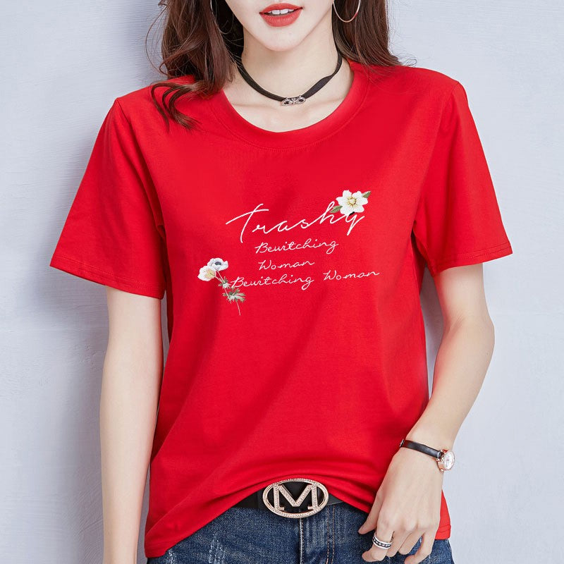 円領プリントTシャツ 女性用 リラックス 即納