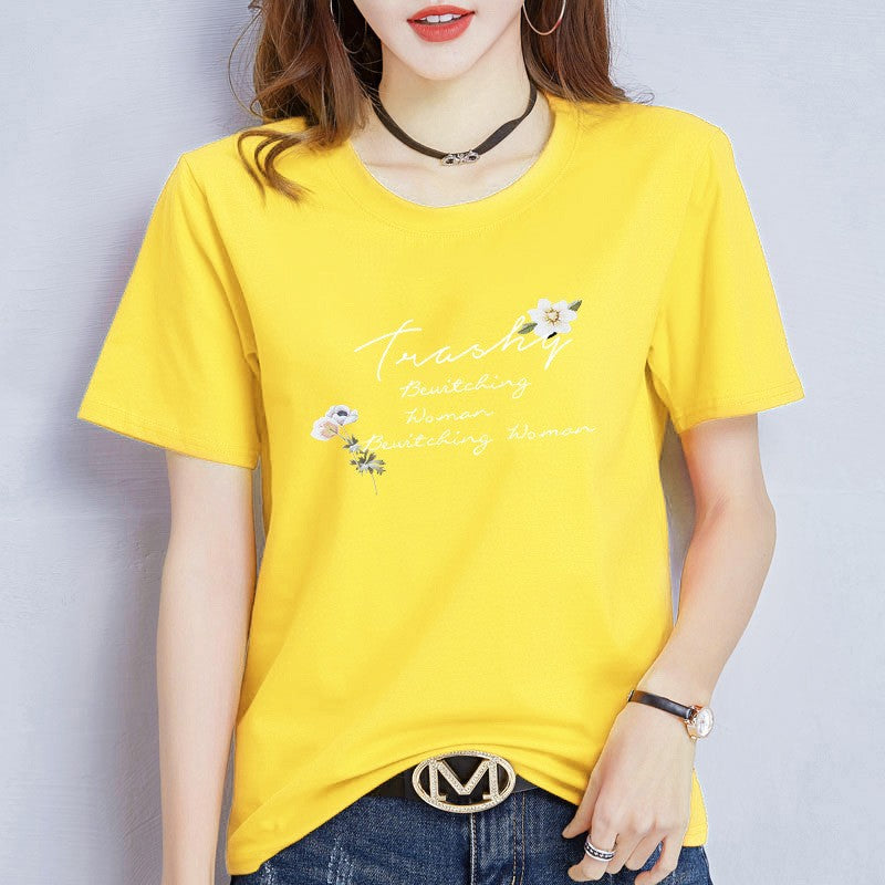 円領プリントTシャツ 女性用 リラックス 即納