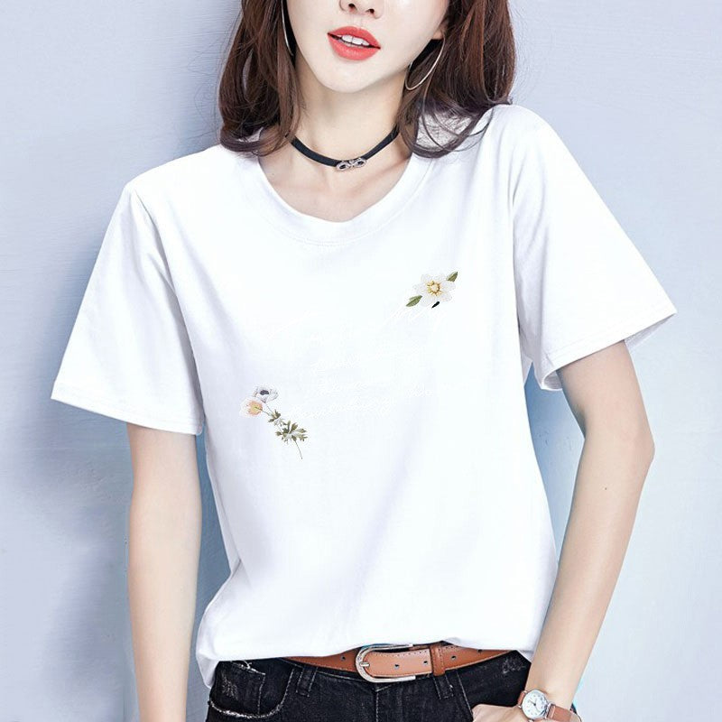 円領プリントTシャツ 女性用 リラックス 即納
