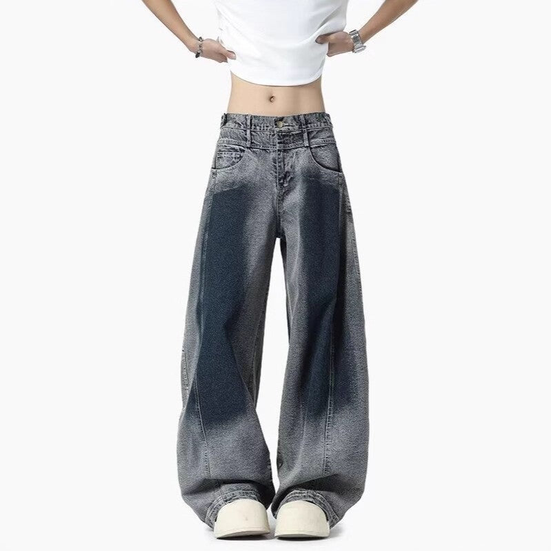水洗グラデーション弯刀ジーンズ 男女兼用ストレッチ幅広脚