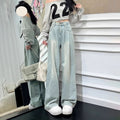水色ハイウエストワイドレグジーンズ 夏新品 痩せ効果 垂れ感 ロング丈