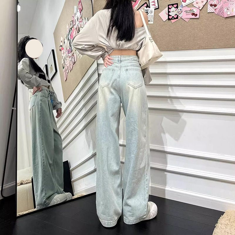 水色ハイウエストワイドレグジーンズ 夏新品 痩せ効果 垂れ感 ロング丈