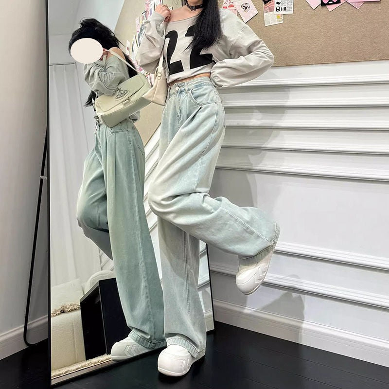 水色ハイウエストワイドレグジーンズ 夏新品 痩せ効果 垂れ感 ロング丈