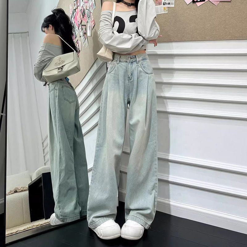 水色ハイウエストワイドレグジーンズ 夏新品 痩せ効果 垂れ感 ロング丈