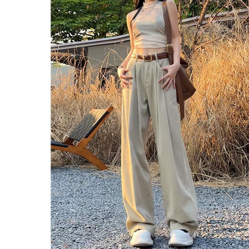 水色ハイウエストワイドレグジーンズ 夏新品 痩せ効果 垂れ感 ロング丈