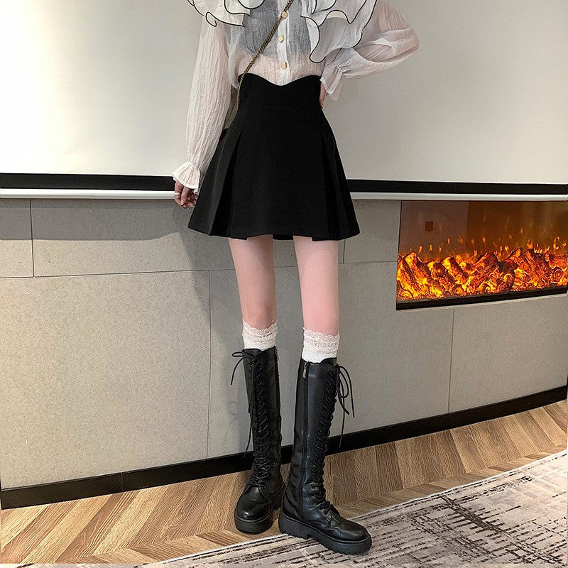 2024春 黒ハイウエストAラインプリーツスカート 大碼対応