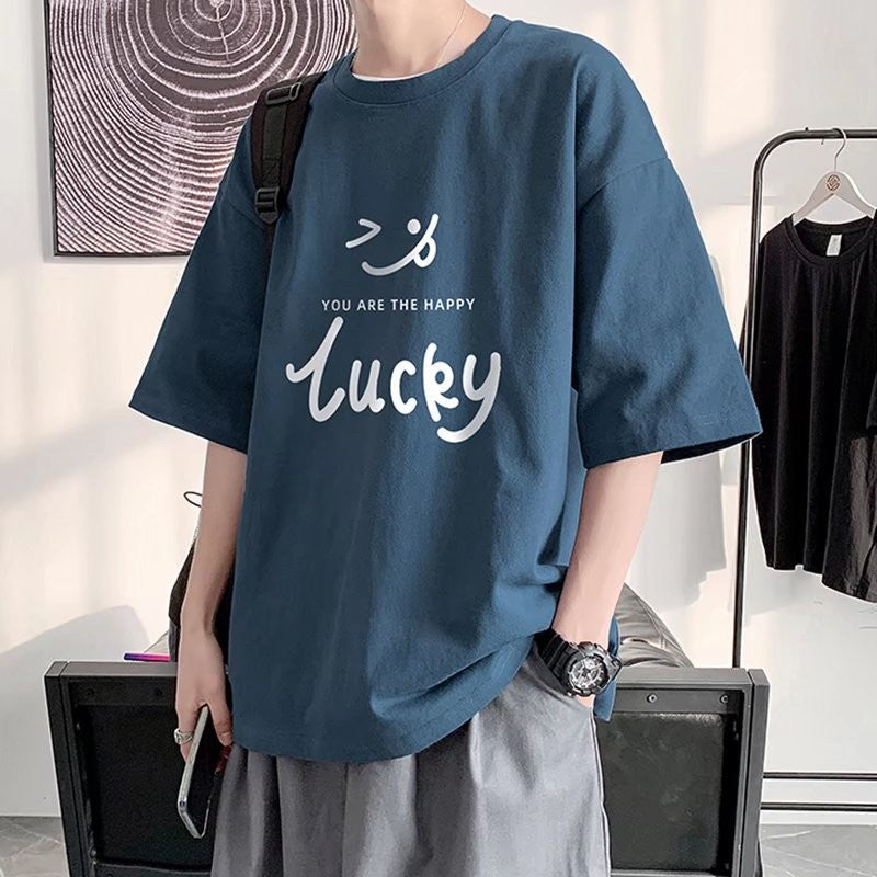 笑顔プリント半袖Tシャツ 男 夏 ルーズ ins 学生 港風 清新