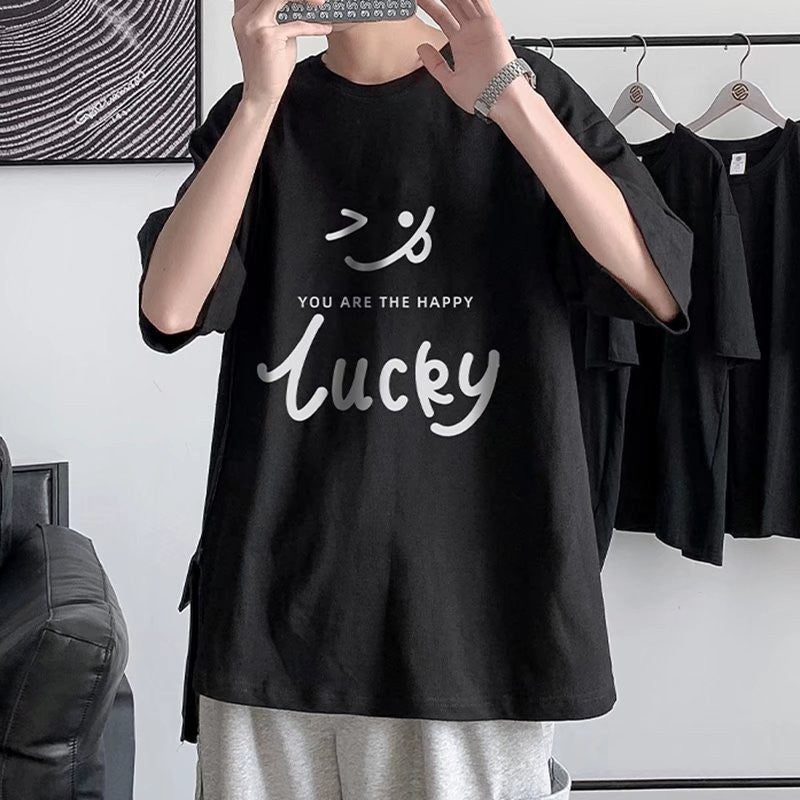 笑顔プリント半袖Tシャツ 男 夏 ルーズ ins 学生 港風 清新