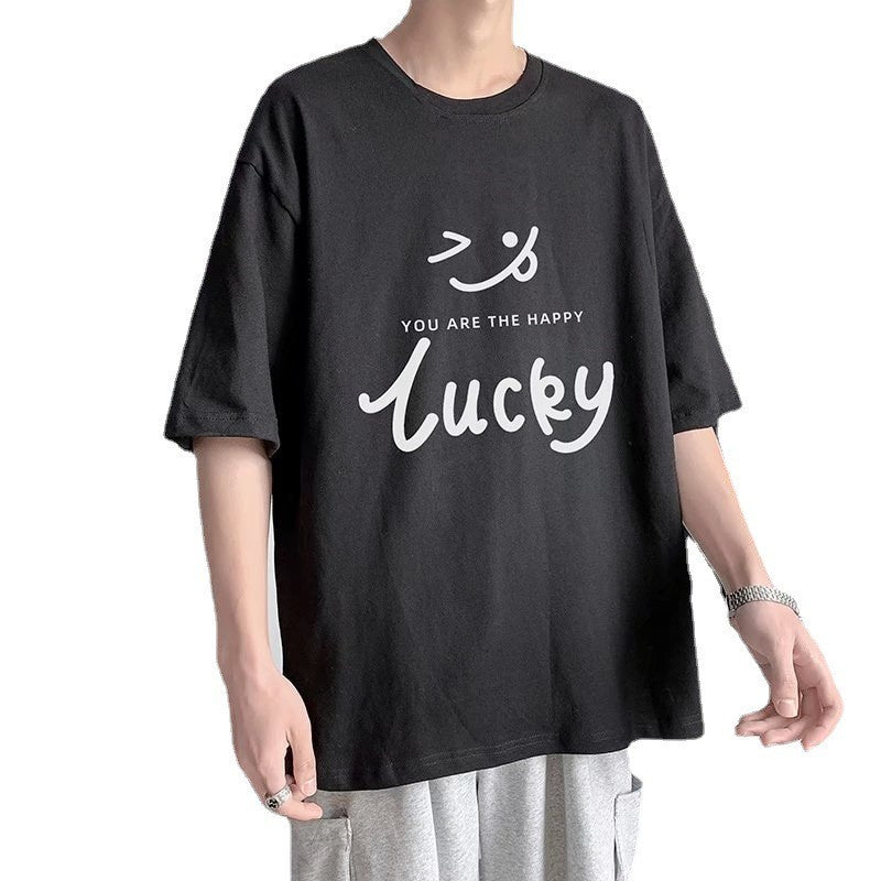 笑顔プリント半袖Tシャツ 男 夏 ルーズ ins 学生 港風 清新