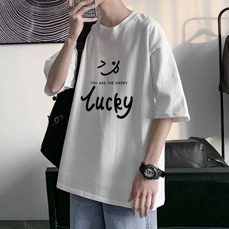 笑顔プリント半袖Tシャツ 男 夏 ルーズ ins 学生 港風 清新