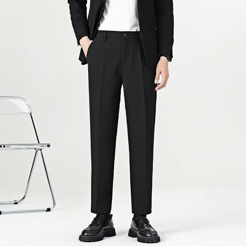 メンズビジネス無 iron スリムストレート 黒 垂れ感 9分 通勤パンツ