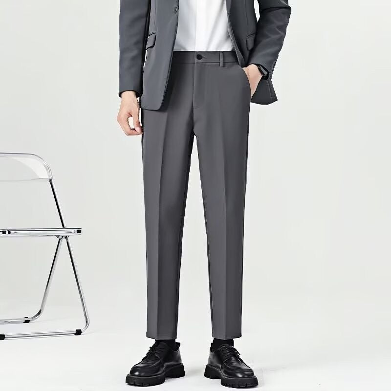 メンズビジネス無 iron スリムストレート 黒 垂れ感 9分 通勤パンツ