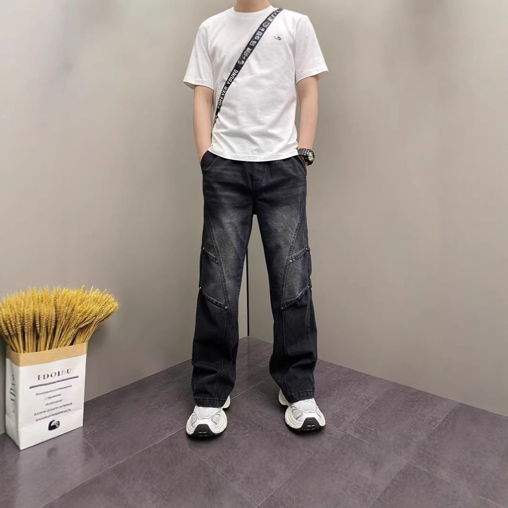 2025春秋 潮牌復古工装ジーンズ 男女共宽松皺褶引き締め長ズボン