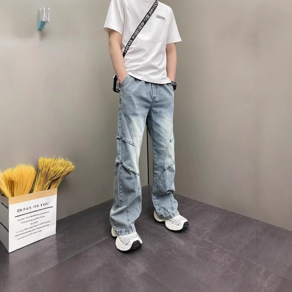 2025春秋 潮牌復古工装ジーンズ 男女共宽松皺褶引き締め長ズボン