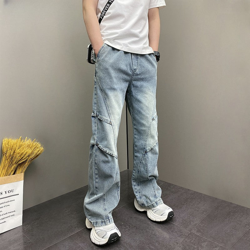 2025春秋 潮牌復古工装ジーンズ 男女共宽松皺褶引き締め長ズボン