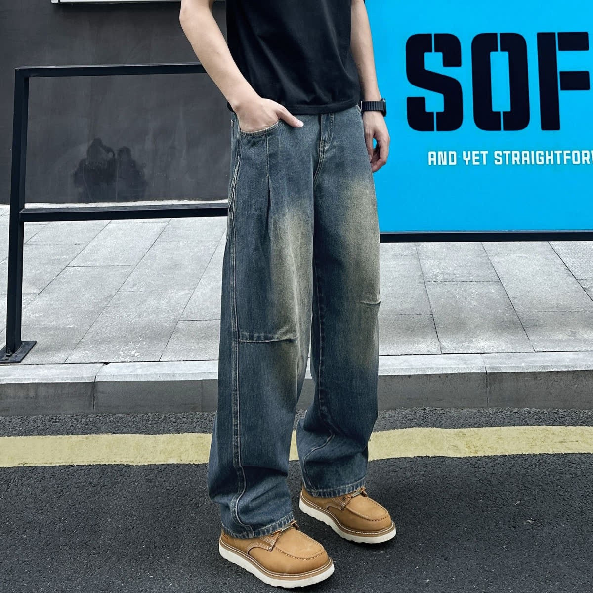2026春秋新作 ハイウエスト破れワイドレグジーンズ 男性用 ルーズ大サイズ 痩せ効果 トレンドブランド