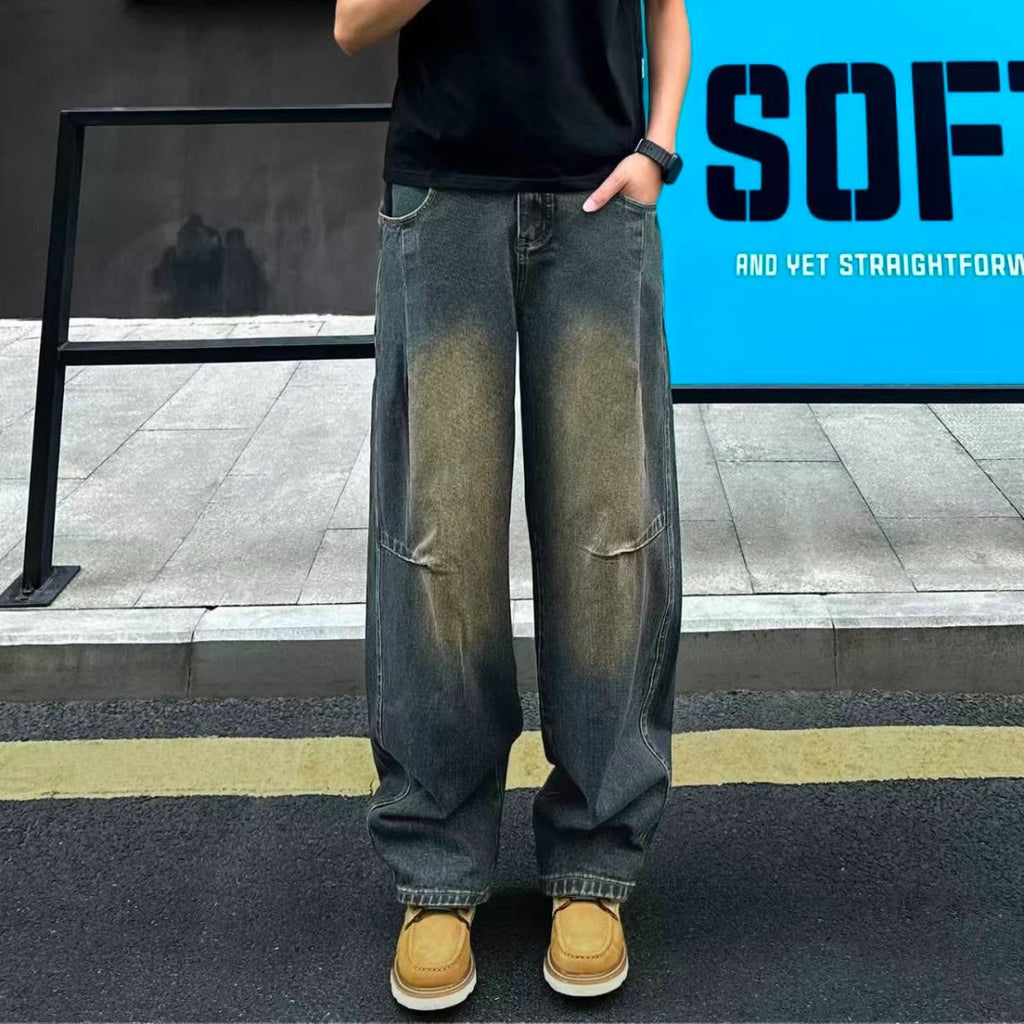 2026春秋新作 ハイウエスト破れワイドレグジーンズ 男性用 ルーズ大サイズ 痩せ効果 トレンドブランド