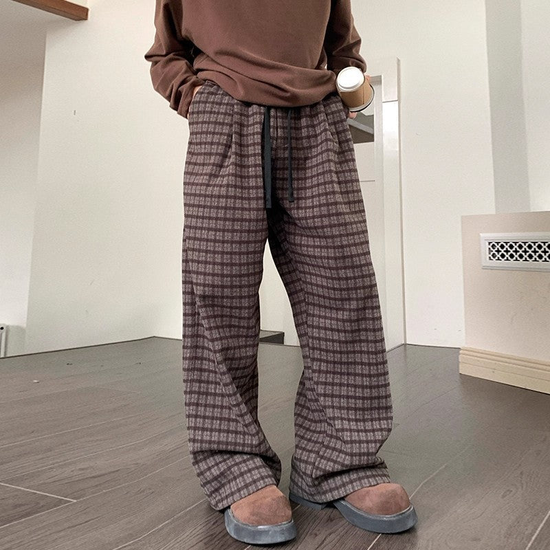アメリカンレトロ格子柄 秋冬カップル用ルーズパンツ